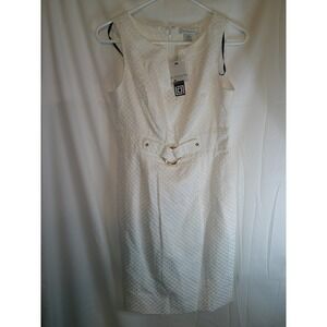 Liz Claiborne White Sleeveless Dress Sheath Career Party Gold Accents Size 4 NWT